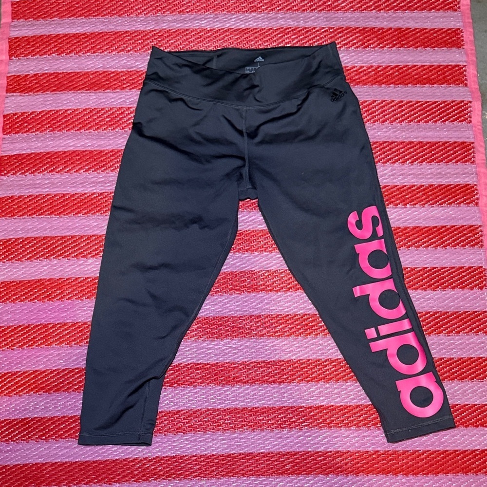 adidas Charcoal Gray Capri Leggings with Pink Side Logo